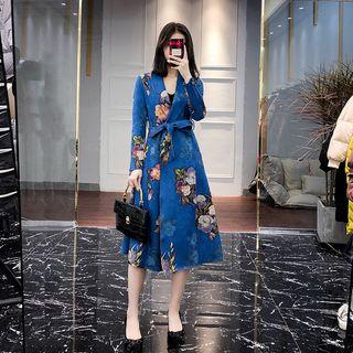 Flower Print Open Front Coat With Sash