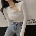 Long-sleeve Polo Collared Ribbed Knit Top