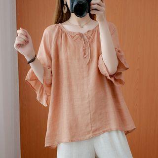 Plain Elbow-sleeve Tie-neck Blouse