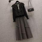Ruffle Sweater / Plaid Midi A-line Skirt / Set