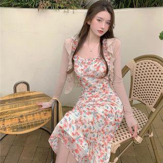 Ruffle Cardigan / Spaghetti Strap Flower Print Midi A-line Dress