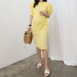Puff-sleeve Wrap-font Midi Dress