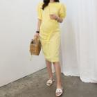 Puff-sleeve Wrap-font Midi Dress
