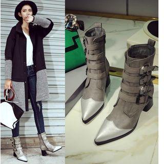 Cap Toe Block Heel Buckled Short Boots