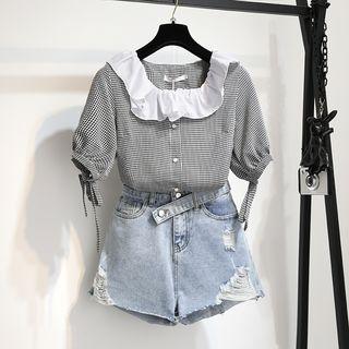 Set: Short-sleeve Plaid Top + Denim Shorts