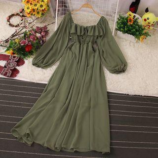 Elbow-sleeve Square-neck Plain Midi A-line Dress