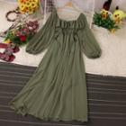 Elbow-sleeve Square-neck Plain Midi A-line Dress
