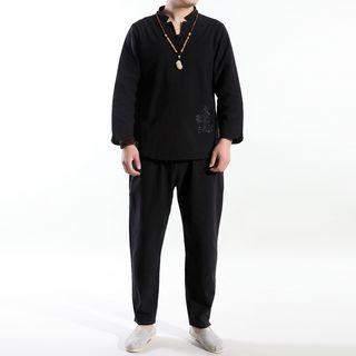 Set: Long-sleeve Dragon Pattern Hanfu Top + Baggy Pants