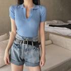 Collared Short-sleeve Knit Cropped Top