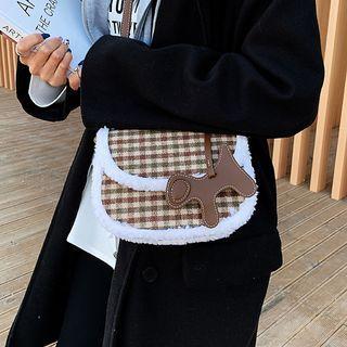 Fleece Trim Patterned Saddle Crossbody Bag