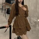 Long-sleeve Blouse / Layered Mini A-line Skirt