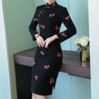 Long-sleeve Flower Embroidered Midi Qipao Dress