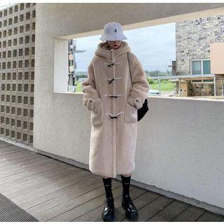 Hooded Faux Shearling Midi Duffle Coat