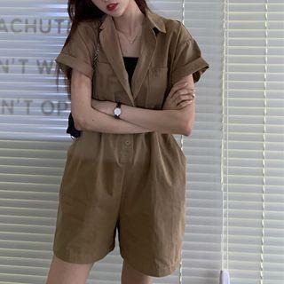 Short-sleeve Buttoned Playsuit Coffee - One Size