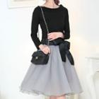 Set: Plain Long-sleeve Top + Bow Organza Skirt