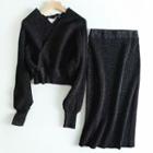 Set: V-neck Ribbed Sweater + Straight-fit Knit Skirt