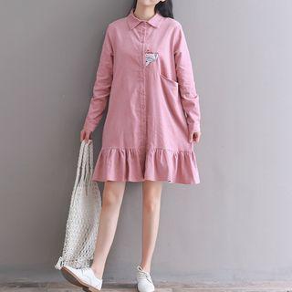 Cat Embroidered Corduroy Shirtdress