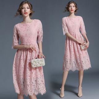 Elbow-sleeve Crewneck A-line Plain Lace Sheath Dress