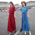 Set: Short Sleeve Chiffon Top + Wide-leg Pants