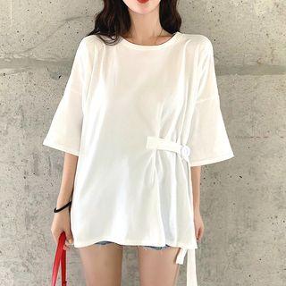 Short Sleeve Belted Waist Plain Tee