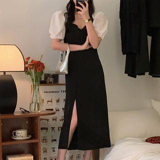 Puff-sleeve Two-tone Midi Sheath Dress Black - One Size