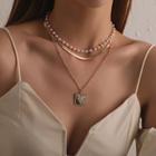 Square Rose Pendant Faux Pearl Layered Choker Necklace