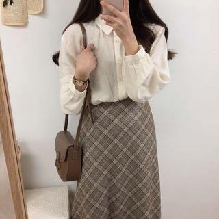 Plain Shirt / V-neck Knit Vest / Plaid Midi A-line Skirt