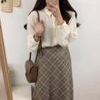 Plain Shirt / V-neck Knit Vest / Plaid Midi A-line Skirt
