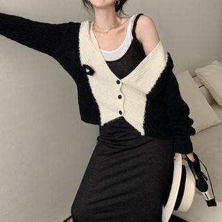 Two-tone Cardigan / Strappy Midi Dress / Set