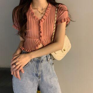 Short-sleeve Frill Trim Ribbed Knit Top