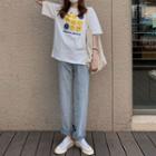 Short-sleeve Smiley Face Print T-shirt / Straight Leg Jeans / Set
