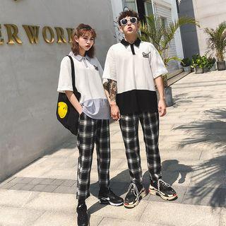 Couple Matching Color Block Short-sleeve Polo Shirt / Plaid Pants