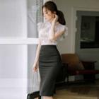 Set: Lace Sleeveless Top + Plain Midi Pencil Skirt