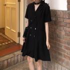 Short-sleeve Double Breasted A-line Dress Black - One Size