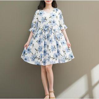 Elbow Sleeve Floral A-line Dress