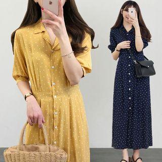 Elbow-sleeve Heart Patterned Buttoned A-line Midi Dress