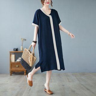 Short-sleeve Striped Midi Smock Dress