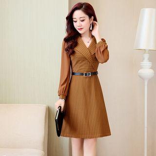 Long-sleeve Striped Chiffon A-line Dress