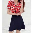 V-neck Shirred Floral Blouse Red - One Size