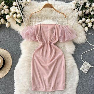 Short-sleeve Cold-shoulder Mesh Panel Mini Sheath Dress