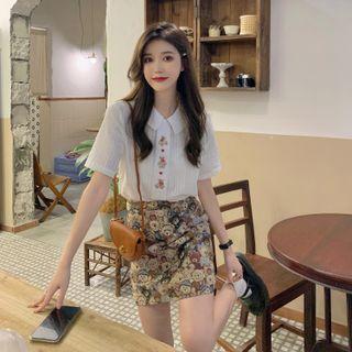 Short-sleeve Embroidered Shirt / Print Mini A-line Skirt