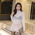 High-neck Patterned See-through Top
