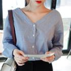 Long-sleeved Striped V-neck Blouse