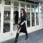 V-neck Plain Button-up Knit Split Dress