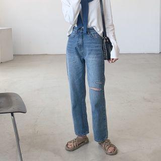Ripped Straight-cut Jeans As Shown In Figure - One Size