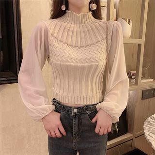 Chiffon Panel Mock Neck Knit Top