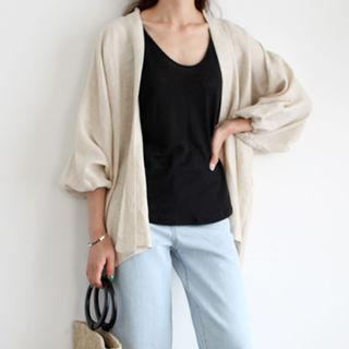 Linen Balloon-sleeve Open-front Jacket With Sash