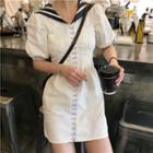 Elbow-sleeve Striped Trim Collar A-line Mini Dress White - One Size