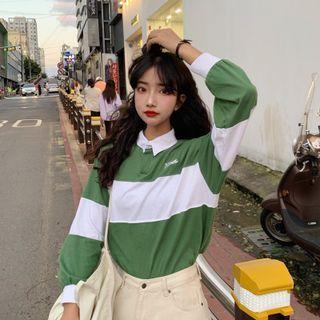 Letter Embroidered Striped Polo-neck Sweatshirt