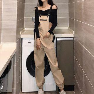 Off-shoulder Long-sleeve Crop Top/ Cropped Pinafore Jumpsuit